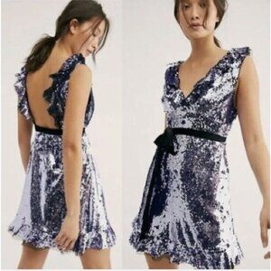 Free People Siren Sequin Mini Dress Purple Silver Ruffle Velvet Trim Party Sz 6